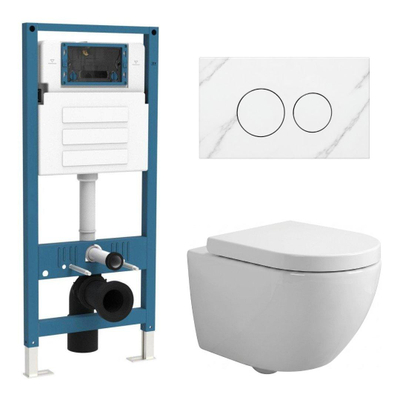 QeramiQ Dely Swirl Compact Ensemble WC - réservoir encastré QeramiQ flush - abattant 25 mm - plaque de commande en marbre blanc - boutons ronds - blanc brillant