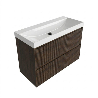 Saniclass Holz Atelier Ensemble de meubles de salle de bains - 100x45x67,5cm - lavabo Wave en céramique - 1 vasque - sans trou de robinetterie - 2 tiroirs - chêne charcoal mat (bois)