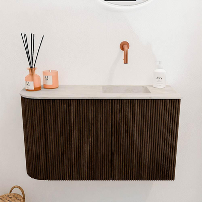 Mondiaz JOYA-DLUX Meuble de toilette 71,6cm - arrondi gauche couleur Walnut - Vasque FAYE position Droite Sans trou de robinet couleur Ostra.