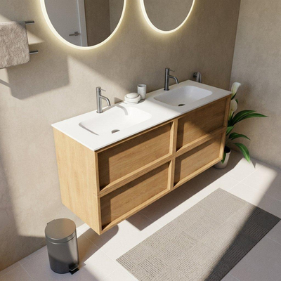 Saniclass Holz Frame Ensemble meuble de salle de bains - 140x45x61.5cm - Flow lavabo en solid surface - 2 vasques - 2 trous de robinetterie - avec trop-plein - 4 tiroirs - chêne natural mat (bois)