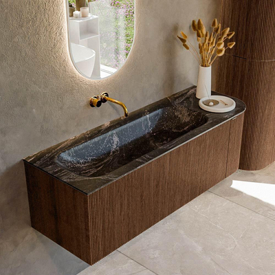 MONDIAZ KURVE-DLUX 135cm badmeubel met module 25 R kleur Walnut met 1 lade en 1 deur. Wastafel BIG MEDIUM links zonder kraangat kleur Lava.