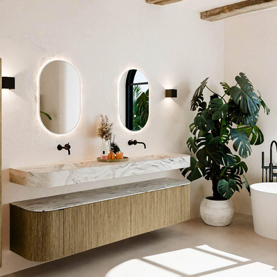 MONDIAZ THOR-DLUX Meuble de salle de bains - 200cm - arrondi gauche + droite - couleur Dusk - 2 tiroirs - 2 portes - Vasque suspendue CLOUD Double sans trou de robinet - couleur Glace