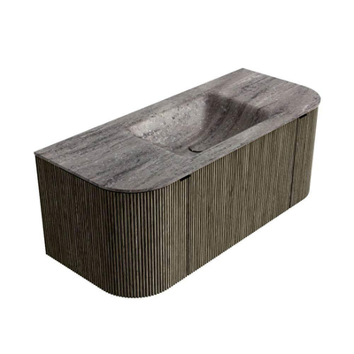 MONDIAZ KURVE-DLUX Meuble de salle de bains 110cm arrondi Gauche + Droite couleur Shadow avec 1 tiroir et 2 portes. Plan-vasque CLOUD Central sans trou de robinet Oza.