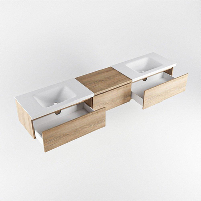 MONDIAZ BUKLA 220cm ensemble de meuble avec module 60 couleur Chêne blanchi avec 3 tiroirs. Lavabo CLOUD double 0 trou de robinet couleur Talc.