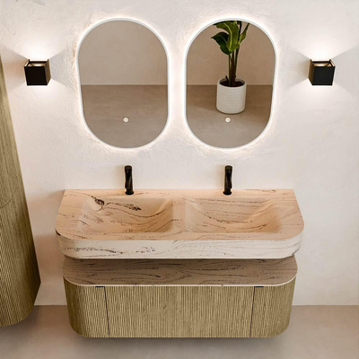 MONDIAZ THOR-DLUX 130cm meuble de salle de bains arrondi gauche + droite couleur Dusk avec 1 tiroir et 2 portes. Vasque suspendue CLOUD Double 2 trous de robinet couleur Arena.