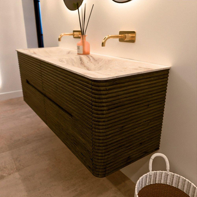 Mondiaz CIRO-DLUX Badkamermeubelset - 140x45x50cm - Solid surface wastafel Frappe - 2 wasbak Dubbel - zonder kraangaten - 4 lades - Shadow