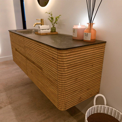 Mondiaz CIRO-DLUX Ensemble de meubles de salle de bains - 150x45x50cm - lavabo solid surface Lava - 1 vasque à gauche - 1 trou de robinet - 4 tiroirs - Chêne