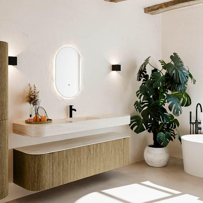 MONDIAZ THOR-DLUX Meuble de salle de bains - 170cm - arrondi gauche + droite - couleur Dusk - 1 tiroir et 2 portes - Vasque suspendue CLOUD Centre 1 trou de robinet couleur Meli