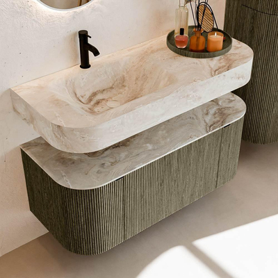 MONDIAZ THOR-DLUX 110cm meuble de salle de bains arrondi gauche + droite couleur Shadow avec 1 tiroir et 2 portes. Vasque suspendue CLOUD Gauche 1 trou de robinet couleur Frappe.