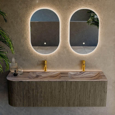 MONDIAZ KURVE-DLUX Meuble de salle de bains 145cm arrondi à gauche couleur Shadow avec 1 tiroir et 1 porte. Lavabo LEAF Double / Droite 2 trous de robinet Sombra.