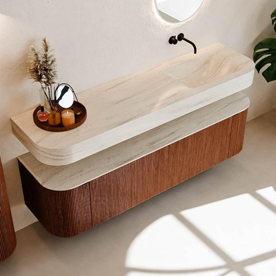 MONDIAZ THOR-DLUX 170cm meuble de salle de bains arrondi gauche + droite couleur Ruby avec 1 tiroir et 2 portes. Vasque suspendue CLOUD Droite sans trou de robinet couleur Meli.