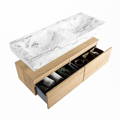Mondiaz ALAN-DLUX Ensemble de meuble - 120cm - meuble Washed Oak mat - 2 tiroirs - Lavabo Cloud Glace suspendu - vasque Gauche et droite - 0 trous de robinet