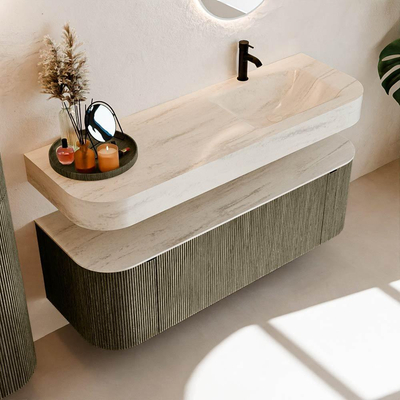 MONDIAZ THOR-DLUX 140cm meuble de salle de bains arrondi gauche + droite couleur Shadow avec 1 tiroir et 2 portes. Vasque suspendue CLOUD Droite 1 trou de robinet couleur Meli.