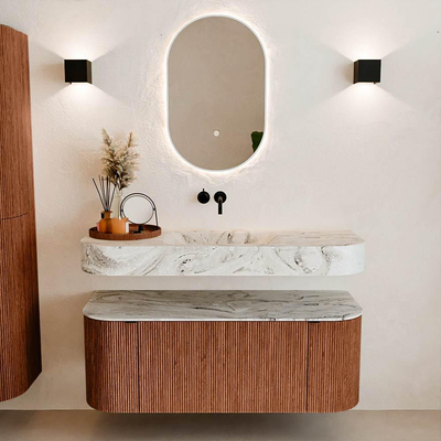 MONDIAZ THOR-DLUX 120cm badmeubel ronding links + rechts kleur Ruby met 1 lade en 2 deuren. Vrijhangende wastafel CLOUD Midden zonder kraangat kleur Glace.