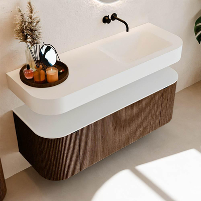 MONDIAZ THOR 130cm meuble de salle de bains arrondi gauche + droite couleur Walnut avec 1 tiroir et 2 portes. Vasque suspendue CLOUD droite sans trou de robinet couleur Talc.