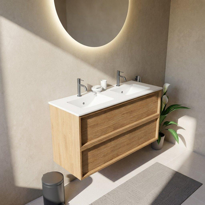 Saniclass Holz Frame Ensemble de meubles de salle de bains - 120x45x62cm - Lavabo Vygo en céramique blanc - 2 vasques - 2 trous de robinetterie - 2 tiroirs - chêne natural mat (bois)