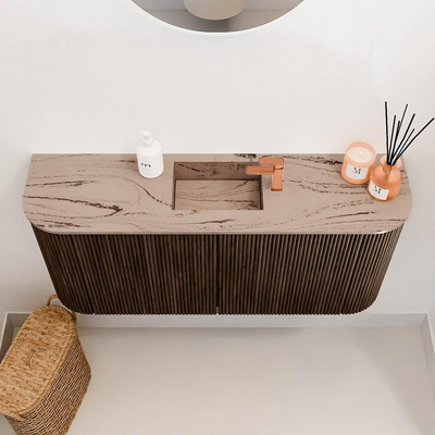 Mondiaz JOYA-DLUX 93.2cm toiletmeubel - ronding links en rechts kleur Walnut - Wastafel FAYE positie Midden 1 kraangat kleur Arena.