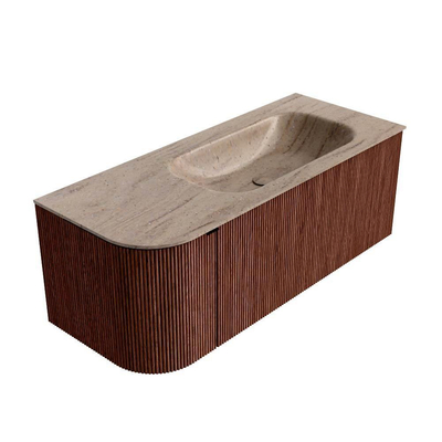 MONDIAZ KURVE-DLUX Meuble de salle de bains 115cm arrondi à gauche couleur Ruby avec 1 tiroir et 1 porte. Plan-vasque BIG SMALL à droite 1 trou de robinet Saba.