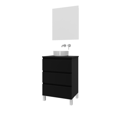 Adema Chaci PLUS Ensemble de meuble - 59.5x86x45.9cm - vasque à poser sur plan - robinets encastrables Inox - 3 tiroirs - Noir mat
