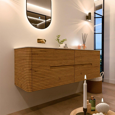 Mondiaz CIRO-DLUX Ensemble de meubles de salle de bains - 150x45x50cm - vasque solid surface Opalo - 1 bassin à gauche - sans trous de robinet - 4 tiroirs - Chêne