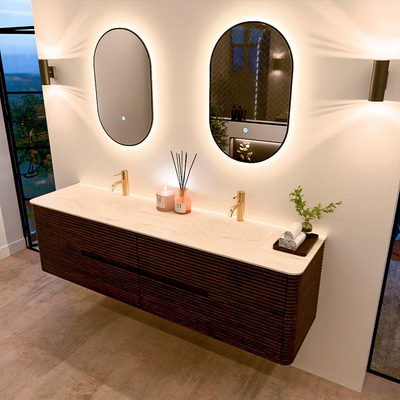 Mondiaz CIRO-DLUX Badkamermeubelset - 180x45x50cm - Solid surface wastafel Meli - 2 wasbak Dubbel - 2 kraangaten - 4 lades - Walnut