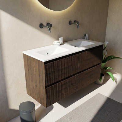 Saniclass Holz Atelier Ensemble de meubles de salle de bains - 120x45x62cm - Vygo lavabo en céramique blanc - 2 vasques - sans trous de robinetterie - 2 tiroirs - chêne charcoal mat (bois)