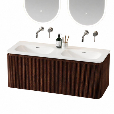 Royal Plaza Terra Edge Badkamermeubelset - 120x44.7x46cm - solid surface wastafel wit mat - 2 wasbakken - zonder kraangaten - 2 lades - kastanje (walnoot)
