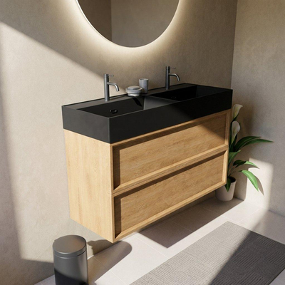Saniclass Holz Frame Ensemble de meuble de salle de bains - 120x45x72cm - lavabo Legend en céramique noir mat - 2 vasques - 2 trous de robinet - 2 tiroirs - chêne natural mat (bois)