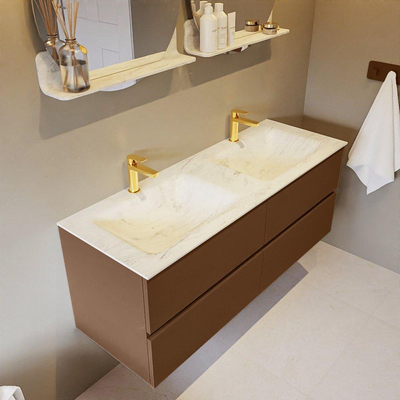 Mondiaz VICA-DLUX ensemble de meuble de salle de bain - 130cm - meuble sous-vasque repos - 4 tiroirs - lavabo encastré cloud double - 2 trous de robinet - version haute de 60cm - opalo