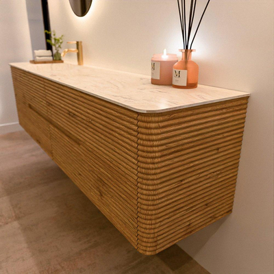 Mondiaz CIRO-DLUX Meuble de salle de bains - 190x45x50cm - Plan-vasque solid surface Ostra - 1 bassin à gauche - 1 trou de robinetterie - 4 tiroirs - Chêne