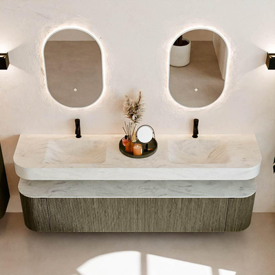 MONDIAZ THOR-DLUX 200cm badmeubel ronding links + rechts kleur Shadow met 2 lades en 2 deuren. Vrijhangende wastafel CLOUD Dubbel 2 kraangaten kleur Opalo.