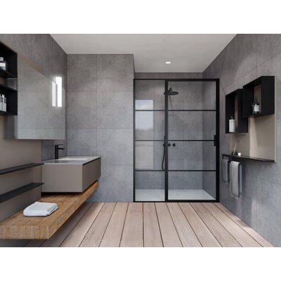 FugaFlow Efficiente Vetro Porte de douche - 130x200cm - panneau fixe - cadre lignes extérieur - anti-calcaire - noir mat
