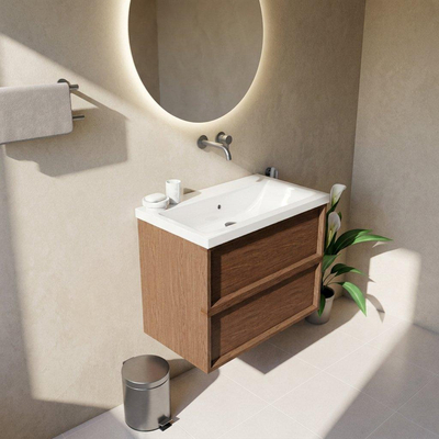 Saniclass Holz Frame Ensemble meuble de salle de bains - 80x45x63.5cm - lavabo Bari en céramique blanc - 1 vasque - sans trou de robinet - 2 tiroirs - walnut pure mat (bois)