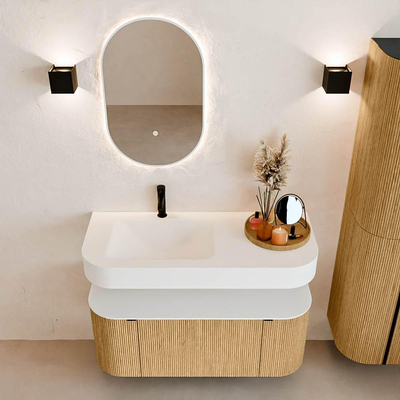 MONDIAZ THOR Meuble de salle de bains 110cm arrondi gauche + droite couleur Oak avec 1 tiroir et 2 portes. Vasque suspendue CLOUD Gauche 1 trou de robinet couleur Talc.