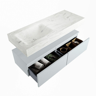 Mondiaz ALAN-DLUX Ensemble de meuble - 120cm - meuble Clay mat - 2 tiroirs - Lavabo Cloud Opalo suspendu - vasque Gauche - 0 trous de robinet