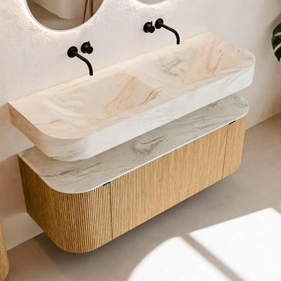 MONDIAZ THOR-DLUX 130cm meuble de salle de bains arrondi gauche + droite couleur Oak avec 1 tiroir et 2 portes. Vasque suspendue CLOUD Double sans trou de robinet couleur Ostra.