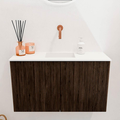 Mondiaz JOYA 70cm toiletmeubel - kleur Walnut - Wastafel FAYE positie Midden Zonder kraangat kleur Talc.