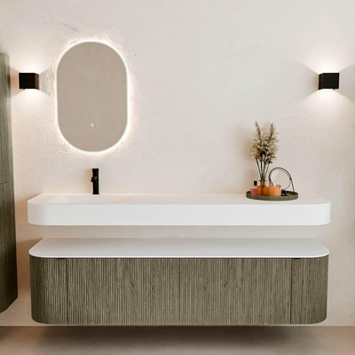 MONDIAZ THOR Meuble de salle de bains 180cm arrondi gauche + droite couleur Shadow avec 2 tiroirs et 2 portes. Vasque suspendue CLOUD Gauche 1 trou de robinet couleur Talc.