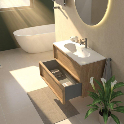 Saniclass Holz Frame Ensemble meuble de salle de bains - 100x45x73.9cm - lavabo en céramique Chaci blanc - 1 vasque - 1 trou de robinet - 2 tiroirs - chêne natural mat (bois)