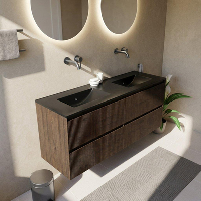 Saniclass Holz Atelier Ensemble meuble de salle de bains - 140x45x62cm - Vygo lavabo en céramique noir - 2 vasques - sans trous de robinetterie - 4 tiroirs - chêne charcoal mat (bois)