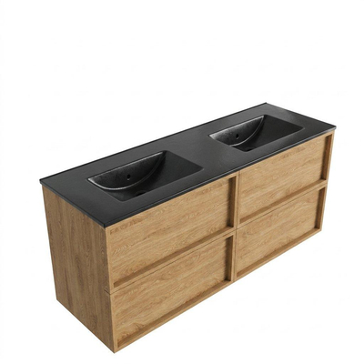 Saniclass Holz Frame Ensemble meuble de salle de bains - 140x45x62cm - lavabo Vygo en céramique noir - 2 vasques - sans trous de robinetterie - 4 tiroirs - chêne natural mat (bois)
