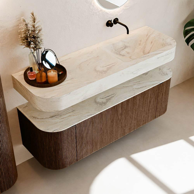 MONDIAZ THOR-DLUX 140cm meuble de salle de bains arrondi gauche + droite couleur Walnut avec 1 tiroir et 2 portes. Vasque suspendue CLOUD droite sans trou de robinet couleur Ostra.