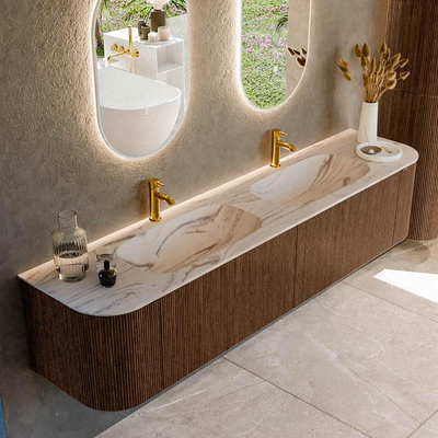 MONDIAZ KURVE-DLUX Meuble de salle de bains 200cm arrondi Gauche + Droite couleur Walnut avec 2 tiroirs et 2 portes. Lavabo STOR SMALL Double 2 trous de robinet Nata.