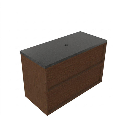 Saniclass Holz Frame Ensemble de meubles de salle de bains - 100x45x63cm - Plan vasque en basalte Noche poli (noir) - sans trou de robinet - 2 tiroirs - walnut pure mat (bois)