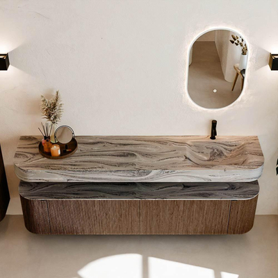 MONDIAZ THOR-DLUX 200cm badmeubel ronding links + rechts kleur Walnut met 2 lades en 2 deuren. Vrijhangende wastafel CLOUD Rechts 1 kraangat kleur Sombra.