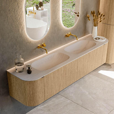 MONDIAZ KURVE-DLUX 190cm meuble de salle de bains arrondi gauche + droite couleur chêne avec 2 tiroirs et 2 portes. Lavabo STOR SMALL double sans trou de robinet Meli.