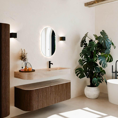 MONDIAZ THOR-DLUX 130cm meuble de salle de bains arrondi gauche + droite couleur Walnut avec 1 tiroir et 2 portes. Vasque suspendue CLOUD Droite 1 trou de robinet couleur Saba.