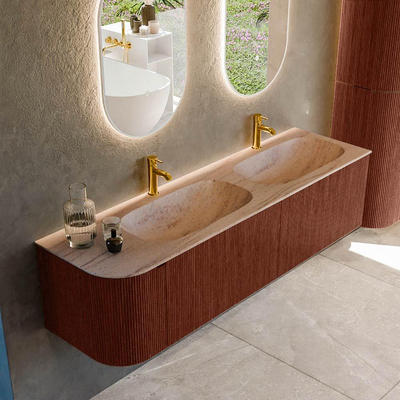 MONDIAZ KURVE-DLUX Meuble de salle de bains 165cm arrondi à gauche couleur Ruby avec 2 tiroirs et 1 porte. Lavabo STOR SMALL Double / Droite 2 trous de robinet Saba.