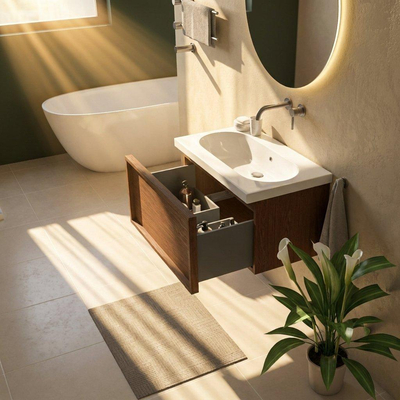 Saniclass Holz Frame Ensemble meuble de salle de bains - 80x45x43.5cm - lavabo en céramique Palermo blanc - 1 vasque - sans trou de robinetterie - 1 tiroir - mat walnut pure (bois)