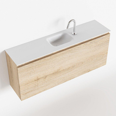 MONDIAZ OLAN Fonteinset - 120x30x40cm - 1 kraangat - 1 lade - washed oak mat - wasbak midden - Solid Surface Wit